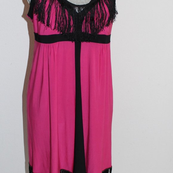 Secret Treasures Nightie Pink w Black Fringe,Sz LG - Picture 1 of 5